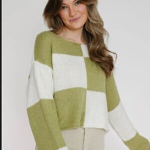 Boutique white and green checkered cropped sweater